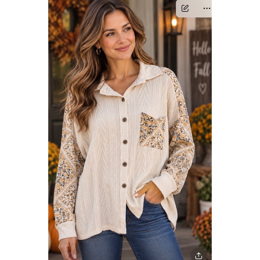 Lovely Melody Women's Large Floral Knit Button Front Shacket Boho Cottagecore